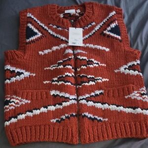Banana Republic Red and Blue Patterned Zip Up Sweater